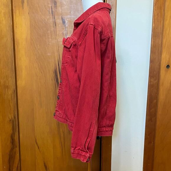 Source Unknown Black and Red Split Denim Jean Jacket Front Chest Pockets - Picture 2 of 6